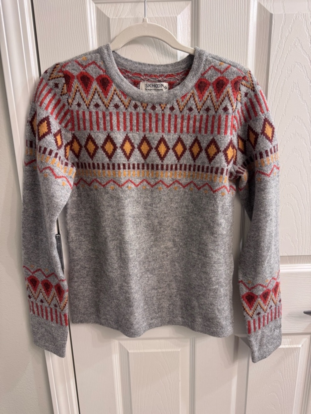 Skhoop Gray Fair Isle Crewneck Sweater with Red & Gold Accents